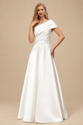 Rutipo White Ball-Gown One-Shoulder Sleeveless Sweep Train Twill Satin Wedding Dresses With Beading