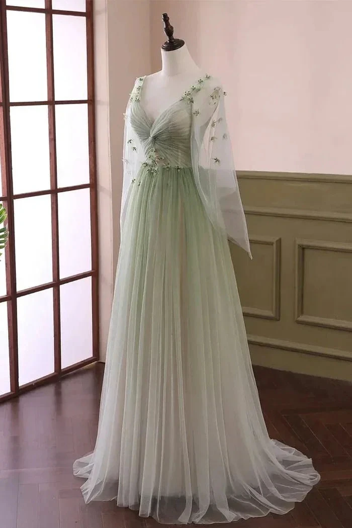 Sabina | Sage Long Sleeves A Line Tulle Prom Dress With Appliques by KissProm