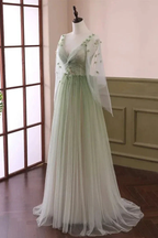 Sabina | Sage Long Sleeves A Line Tulle Prom Dress With Appliques by KissProm