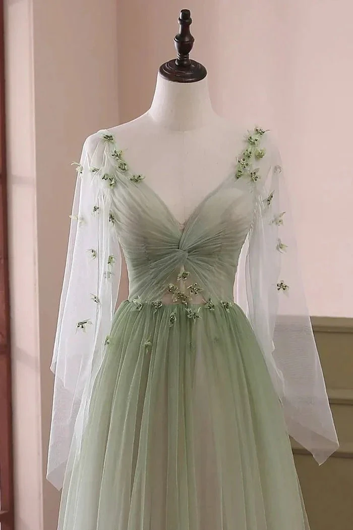 Sabina | Sage Long Sleeves A Line Tulle Prom Dress With Appliques by KissProm