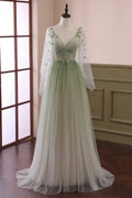 Sabina | Sage Long Sleeves A Line Tulle Prom Dress With Appliques by KissProm