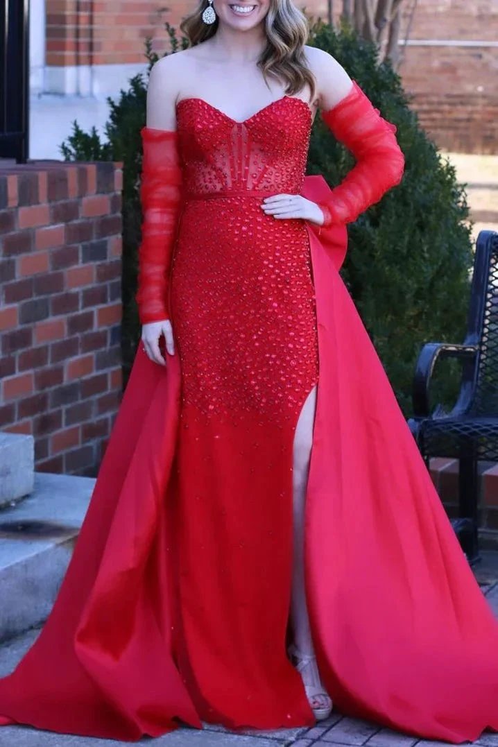 Sabriel | Red Sweetheart Satin Beaded Long Prom Dress With Split by KissProm