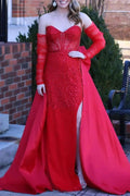 Sabriel | Red Sweetheart Satin Beaded Long Prom Dress With Split by KissProm