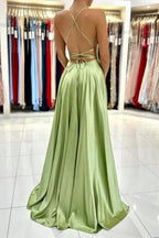 Sage Evening Dresses Simple Long A-line Satin Prom Dress With Slit by misshow.com