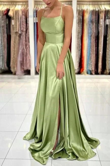 Sage Evening Dresses Simple Long A-line Satin Prom Dress With Slit by misshow.com