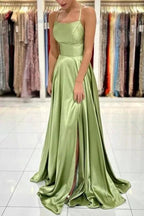 Sage Evening Dresses Simple Long A-line Satin Prom Dress With Slit by misshow.com