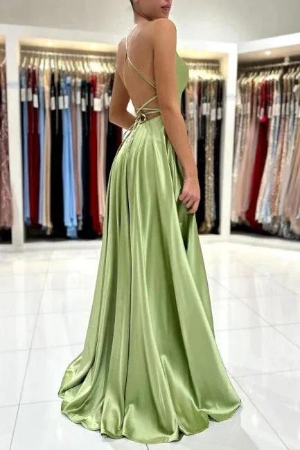 Sage Evening Dresses Simple Long A-line Satin Prom Dress With Slit by misshow.com