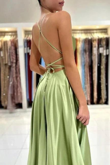 Sage Evening Dresses Simple Long A-line Satin Prom Dress With Slit by misshow.com