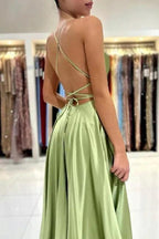 Sage Evening Dresses Simple Long A-line Satin Prom Dress With Slit by misshow.com