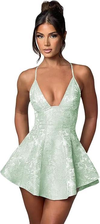 Short A-line Halter Backless Homecoming Dress Satin Ruffle Jacquard Party Dresses by Biztunnel
