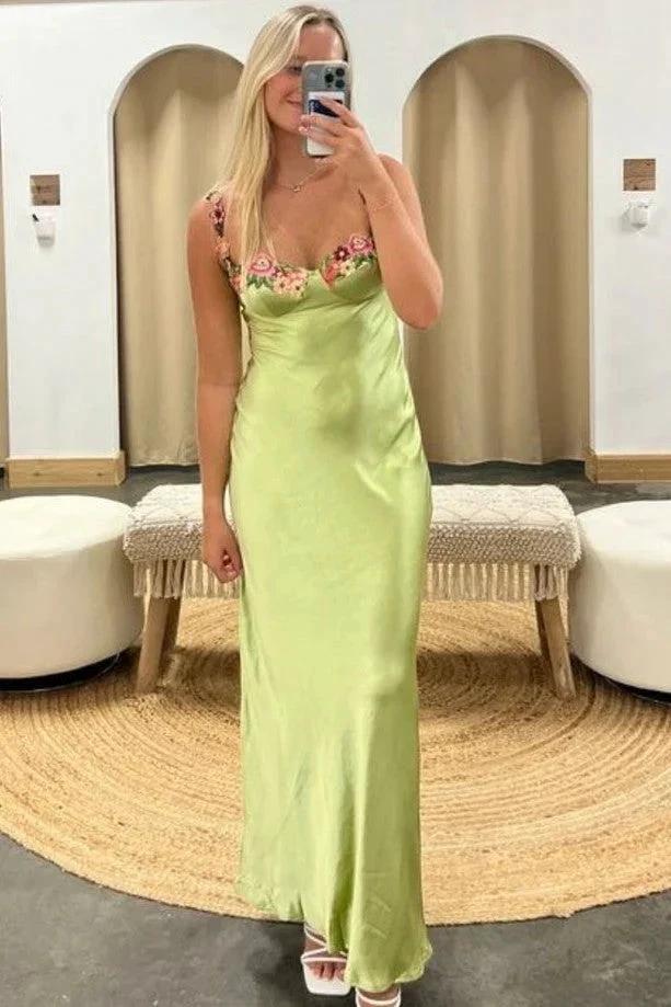 Sahara | Green Spaghetti Straps Sheath Appliques Satin Prom Dress by KissProm