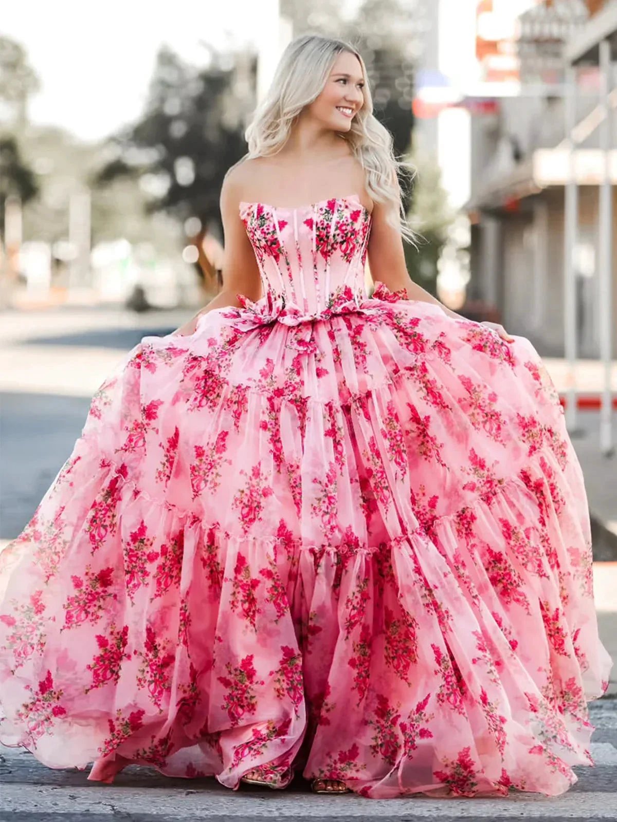 Santiago | Pink Strapless Chiffon A Line Floral Tiered Prom Dress With Bow by KissProm