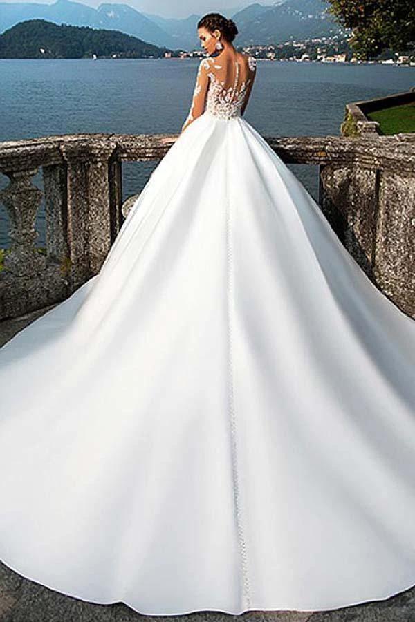 Satin Bateau Neckline A-Line Wedding Dresses With Lace Appliques WD192 by pgmdress
