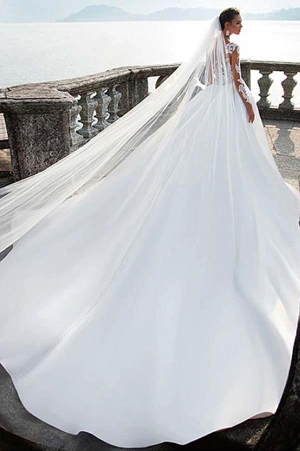 Satin Bateau Neckline A-Line Wedding Dresses With Lace Appliques WD192 by pgmdress