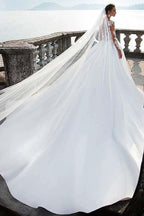 Satin Bateau Neckline A-Line Wedding Dresses With Lace Appliques WD192 by pgmdress
