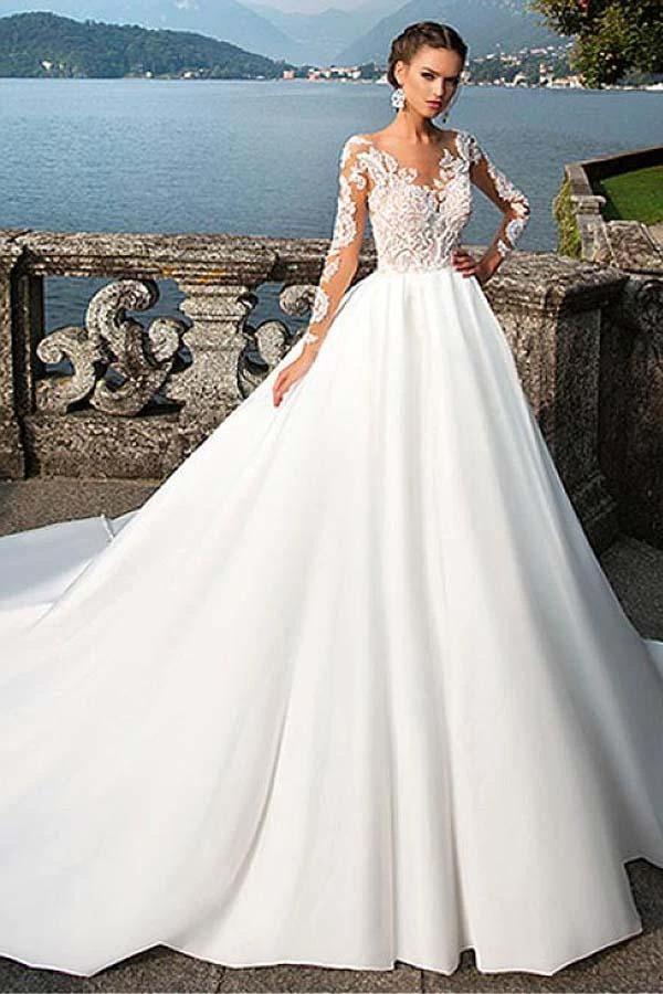 Satin Bateau Neckline A-Line Wedding Dresses With Lace Appliques WD192 by pgmdress