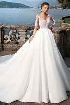 Satin Bateau Neckline A-Line Wedding Dresses With Lace Appliques WD192 by pgmdress