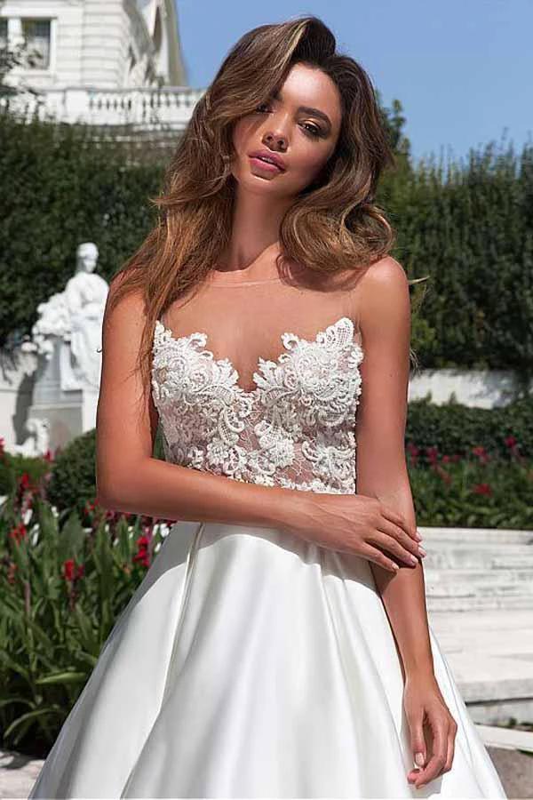 Satin Neckline A-line Wedding Dress With Pockets Lace Appliques WD217 by pgmdress