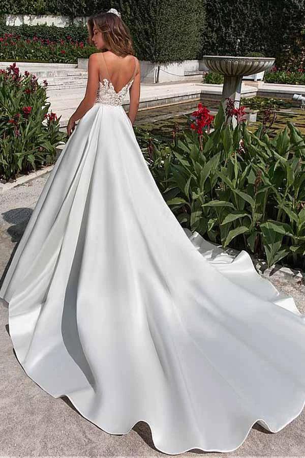 Satin Neckline A-line Wedding Dress With Pockets Lace Appliques WD217 by pgmdress