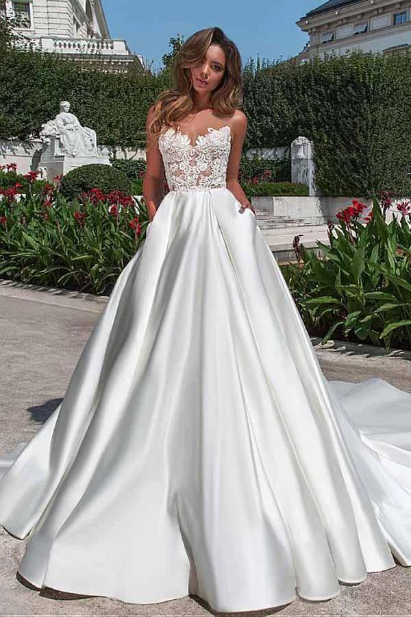 Satin Neckline A-line Wedding Dress With Pockets Lace Appliques WD217 by pgmdress