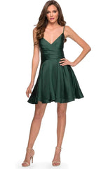V-Neck Satin Homecoming Dress With Corset SYH73 by vivymakudress