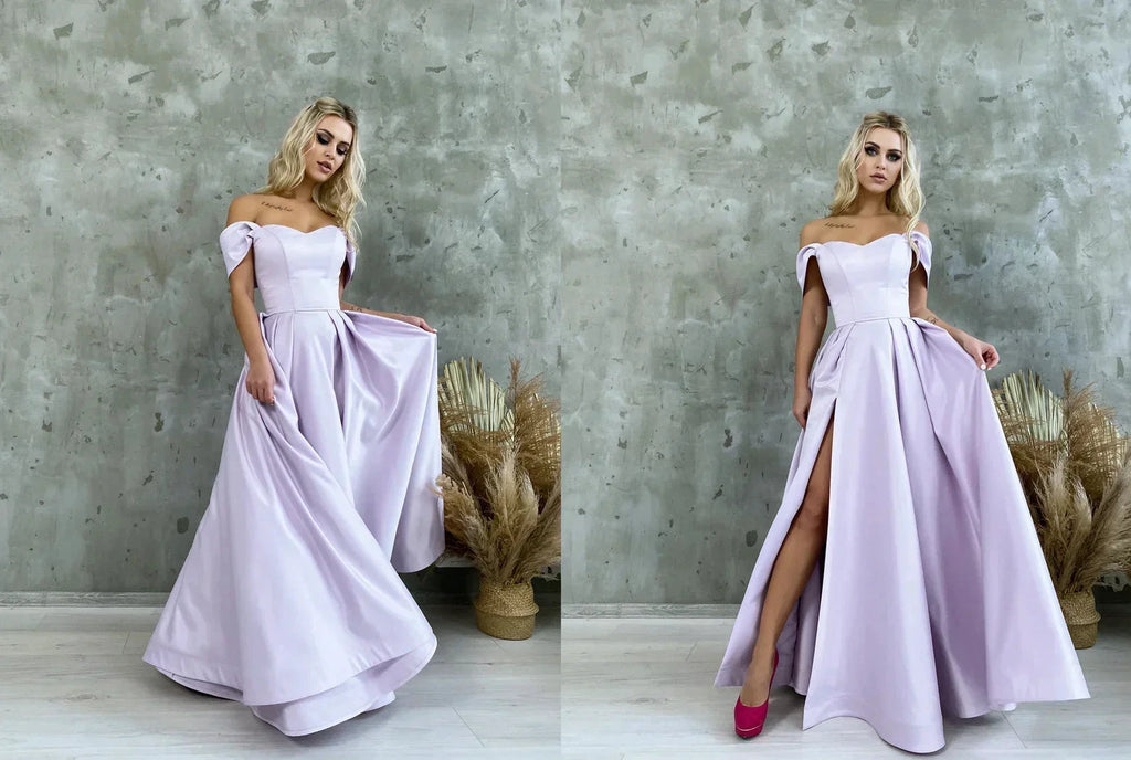Satin Corset Off Shoulder Prom Dress with High Slit SYP184 by vivymakudress