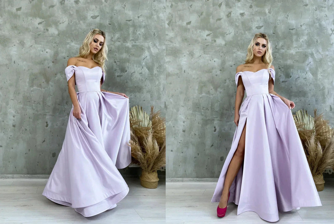 Satin Corset Off Shoulder Prom Dress with High Slit SYP184 by vivymakudress
