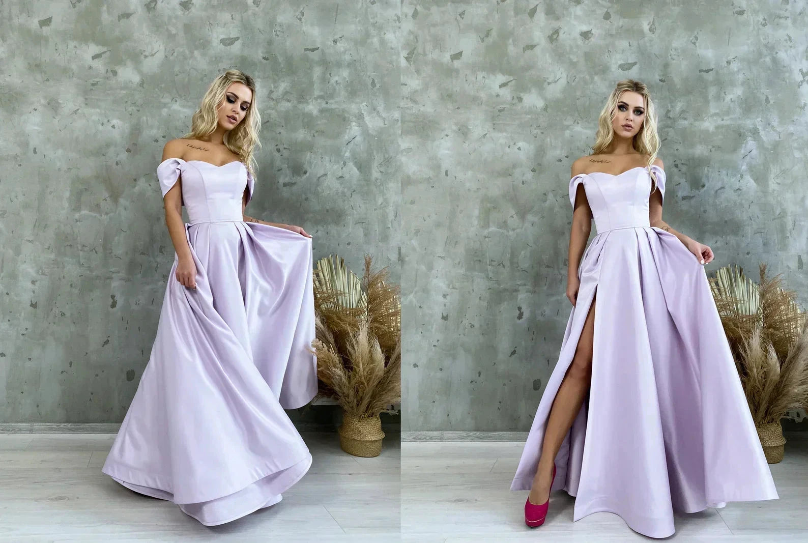 Satin Corset Off Shoulder Prom Dress with High Slit SYP184 by vivymakudress