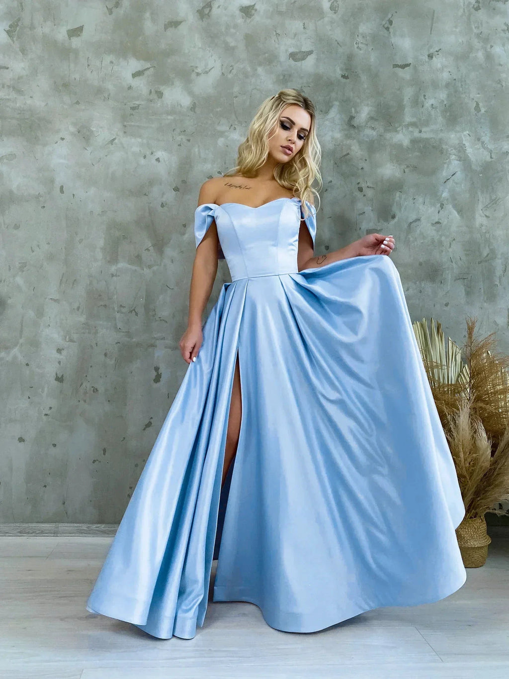Satin Corset Off Shoulder Prom Dress with High Slit SYP184 by vivymakudress
