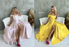 Satin Corset Off Shoulder Prom Dress with High Slit SYP184 by vivymakudress