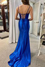 Saxon | Royal Blue Scoop Neck Lace-Up Pleated Mermaid Gown by KissProm