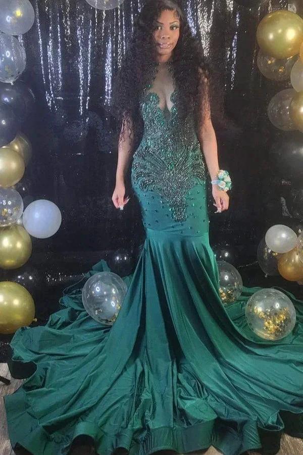 Saxy Long V-neck Sleeveless Mermaid Prom Dress With Beading by misshow.com