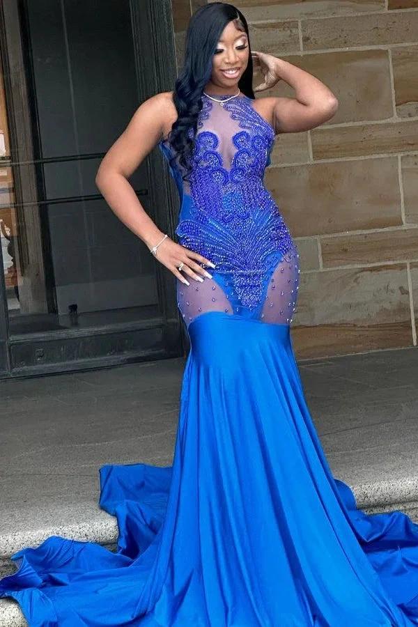 Saxy Royal Blue Lace Sleeveless Mermaid Prom Dress by misshow.com