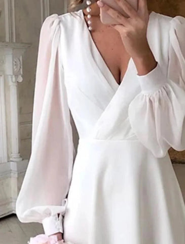 Vestidos de novia blancos cortos de recepción, vestidos de novia de corte A, cuello en V, manga larga, largo hasta los tobillos, vestidos de novia de gasa con color sólido