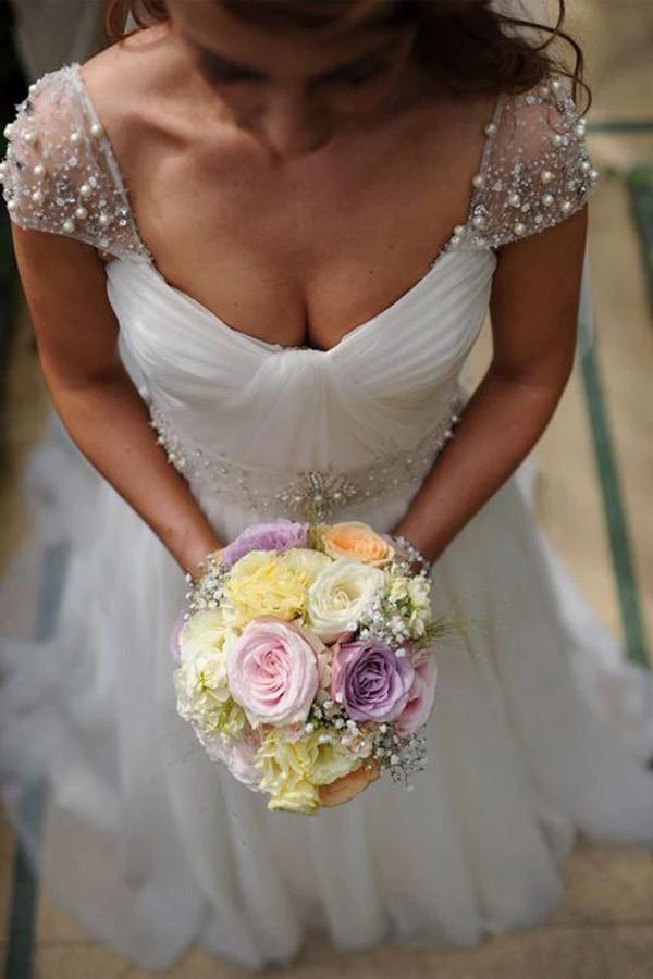 Scoop Cap Sleeves Sweep Train Beading Pleated Wedding Dress with Beading WD106 by pgmdress