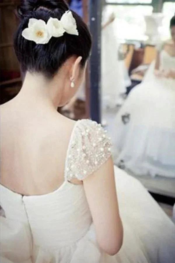 Scoop Cap Sleeves Sweep Train Beading Pleated Wedding Dress with Beading WD106 by pgmdress