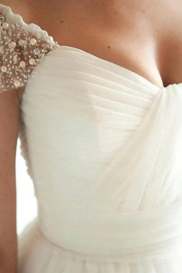 Scoop Cap Sleeves Sweep Train Beading Pleated Wedding Dress with Beading WD106 by pgmdress