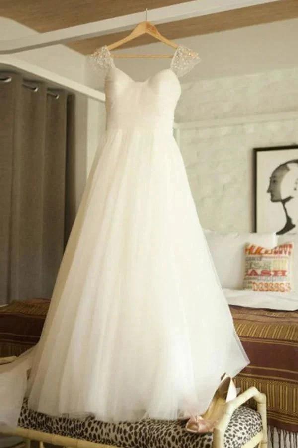 Scoop Cap Sleeves Sweep Train Beading Pleated Wedding Dress with Beading WD106 by pgmdress