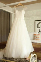 Scoop Cap Sleeves Sweep Train Beading Pleated Wedding Dress with Beading WD106 by pgmdress