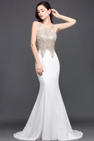 Vestido de fiesta de sirena con apliques de gasa y escote redondo
