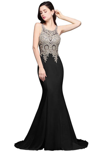 Vestido de fiesta de sirena con apliques de gasa y escote redondo