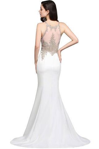 Vestido de fiesta de sirena con apliques de gasa y escote redondo