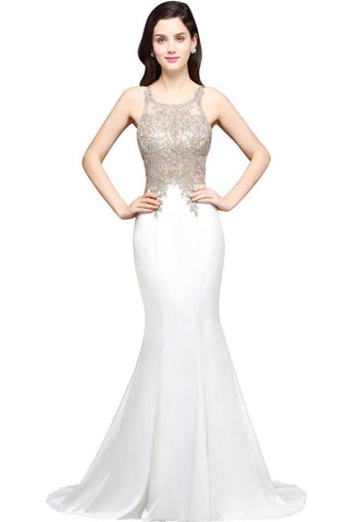 Vestido de fiesta de sirena con apliques de gasa y escote redondo