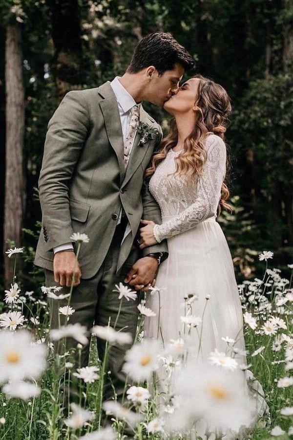 Scoop Long Sleeve Chiffon Wedding Dresses Backless Ivory Bridal Gown WD509 by pgmdress