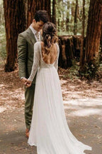 Scoop Long Sleeve Chiffon Wedding Dresses Backless Ivory Bridal Gown WD509 by pgmdress