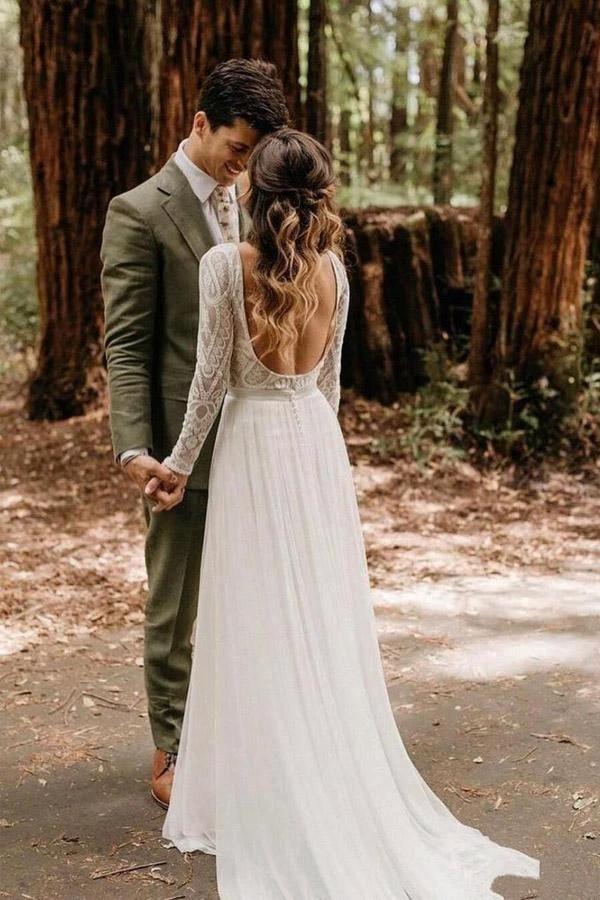 Scoop Long Sleeve Chiffon Wedding Dresses Backless Ivory Bridal Gown WD509 by pgmdress