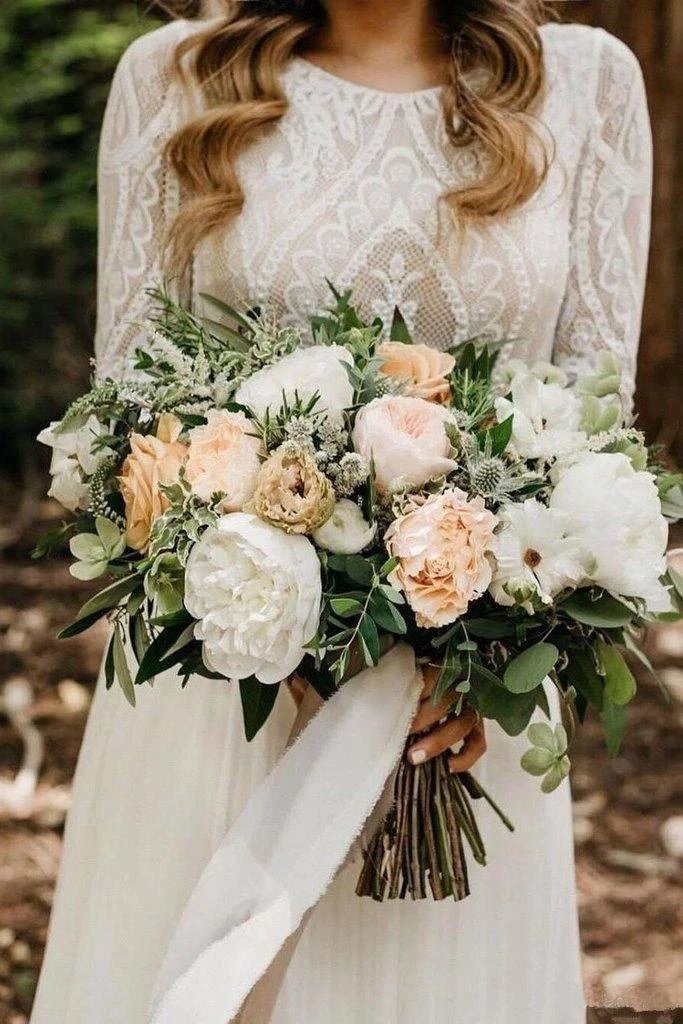 Scoop Long Sleeve Chiffon Wedding Dresses Backless Ivory Bridal Gown WD509 by pgmdress
