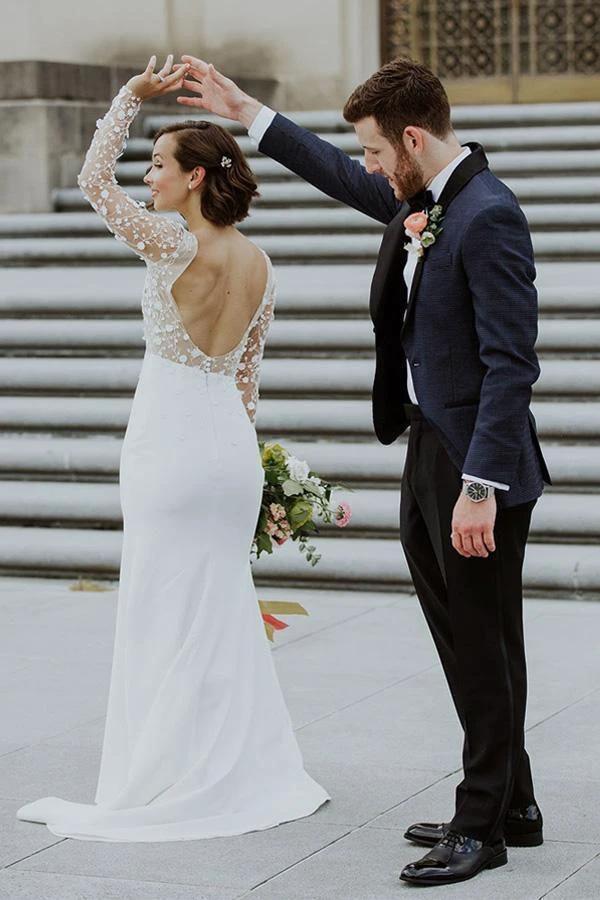 Scoop Neck Open Back Lace Long Sleeves Wedding Dresses with Split WD473 by pgmdress