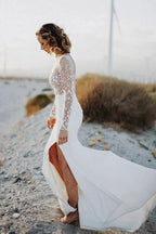 Scoop Neck Open Back Lace Long Sleeves Wedding Dresses with Split WD473 by pgmdress