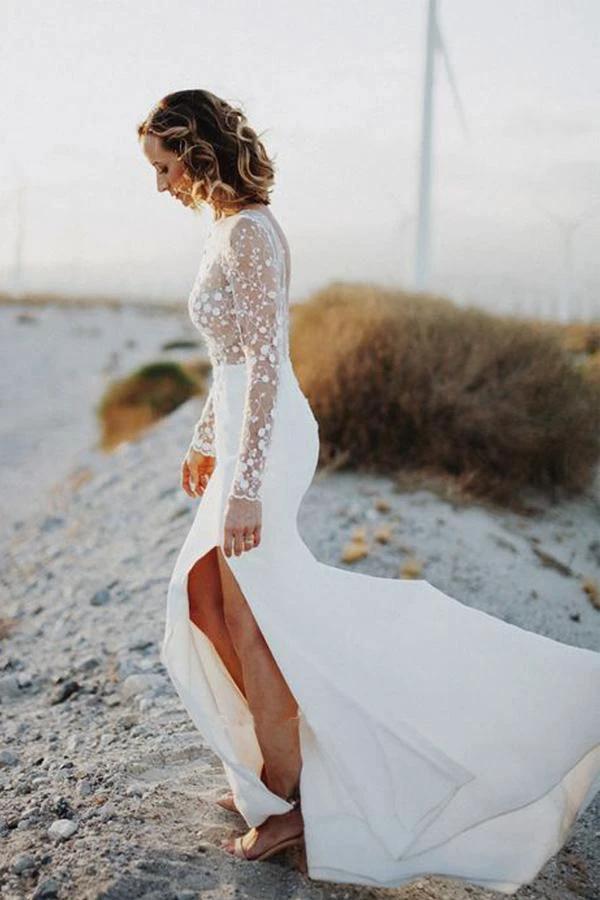 Scoop Neck Open Back Lace Long Sleeves Wedding Dresses with Split WD473 by pgmdress